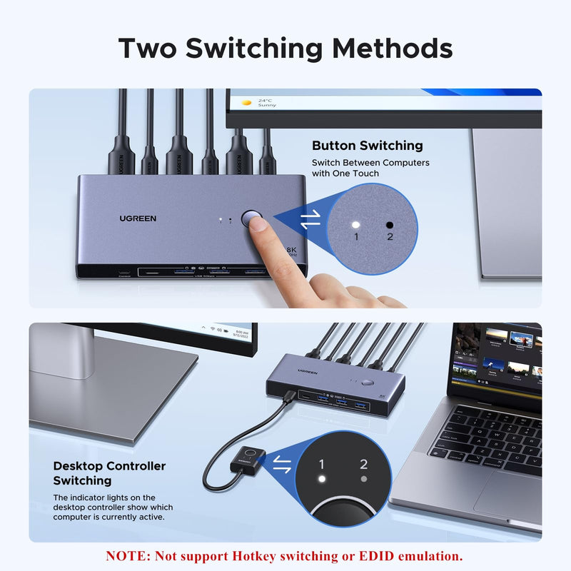 UGREEN 8K@60Hz Displayport KVM Switch 1 Monitors 2 Computers, Aluminum | with 4 USB 3.0 Ports, Support 4K@240Hz, Share One Monitor Keyboard Mouse U-Disk Printer, with 2 USB Cables, no EDID Emulation