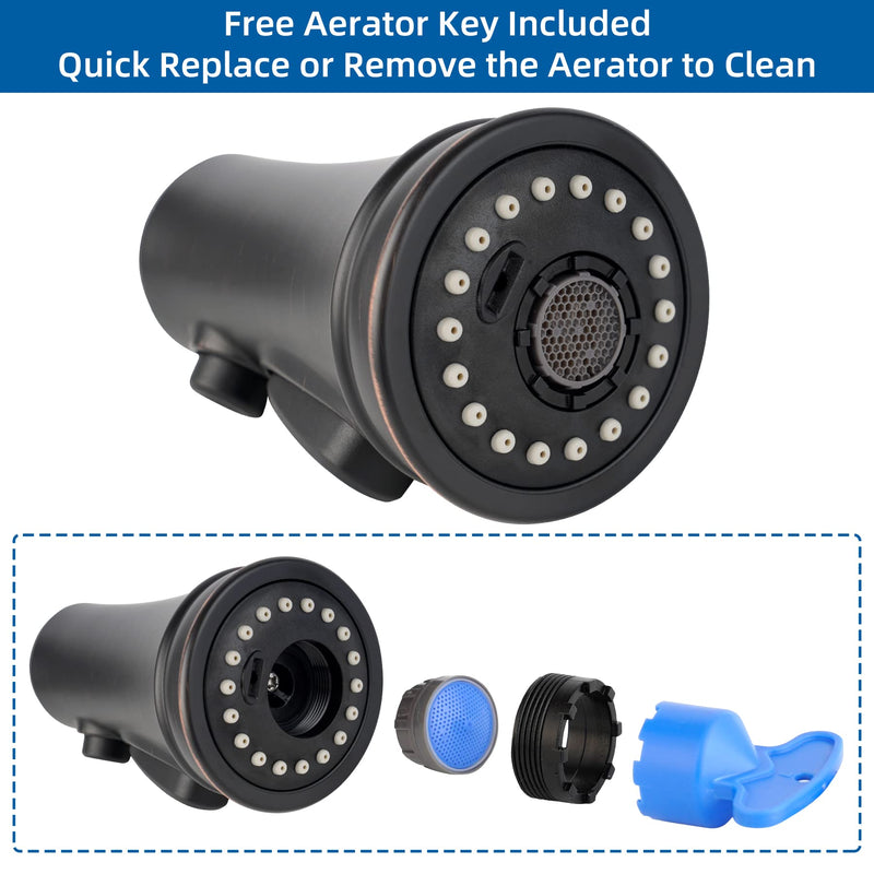 Hibbent Kitchen Faucet Head Replacement, NSF/ANSI/CAN 61 & CUPC Certified, 3 Function Pull Down Faucet Sprayer Nozzle - 15 Adapters Compatible with Moen, Delta, Kohler, Oil-Rubbed Bronze Stay on spray with hold button(common) Oil Rubbed Bronze