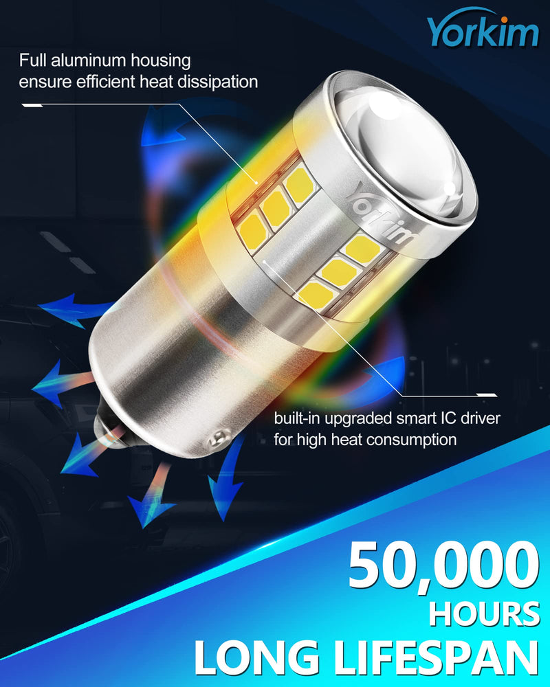 Yorkim 1156 LED Bulb White, 3000 Lumens 300% Super Brighter LED Reverse Lights, BA15S P21W 7506 1003 1141 Led Bulbs for Car Backup Tail Brake Turn Signal Blinker Lights, Pack of 2 White pack of 2