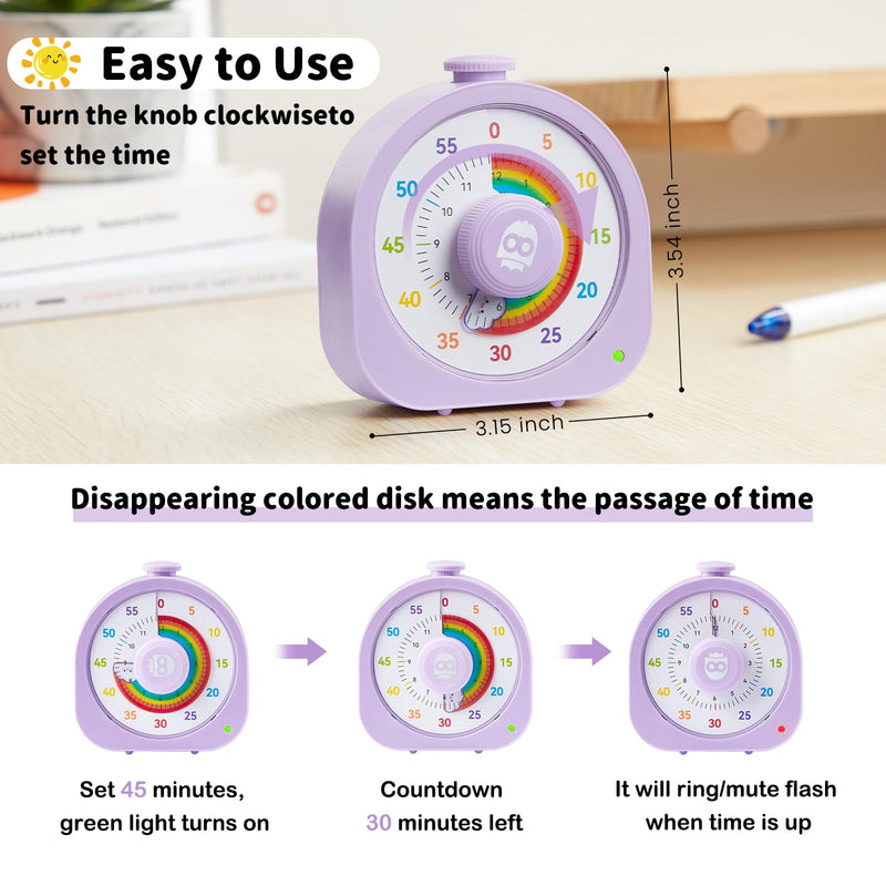 Visual Timer – Rainbow Magnetic Timer for Classroom, 60min/12h Rechargeable Countdown Timers, Silent Pomodoro Timers for Kids & Adults with ADHD Purple