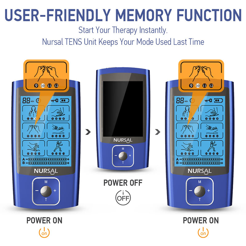 NURSAL TENS EMS Unit Muscle Stimulator for Pain Relief Therapy, Electric 24 Modes Dual Channel TENS Machine Pulse Massager with 12 Pcs Electrode Pads/Continuous Stable Mode/Memory Function Blue