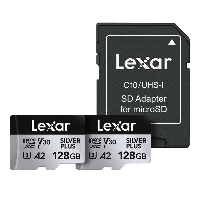 Lexar 128GB (2-Pack) Professional Silver Plus microSDXC Memory Card, UHS-I, C10, U3, V30, Full-HD & 4K Video, Up to 205/150 MB/s Read/Write, for Videographers, Gamers (LMSSIPL128G-B2ANU) 2-Pack