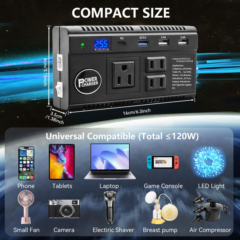 Car Power Inverter 120W DC 12V 24V to AC 110V Car Charger Adapter with 3 AC Outlets Dual Cigarette Lighter 4 USB Ports Charger Quick Charging 3.0 for Phones Tablets Laptops Kindle (Black) Black