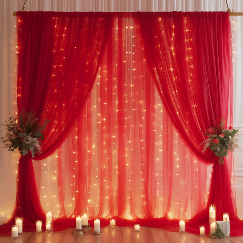 10×10ft Red Tulle Backdrop Curtain with Lights String for Parties, Sheer Curtain Backdrop Drapes for Wedding Party Photography Background