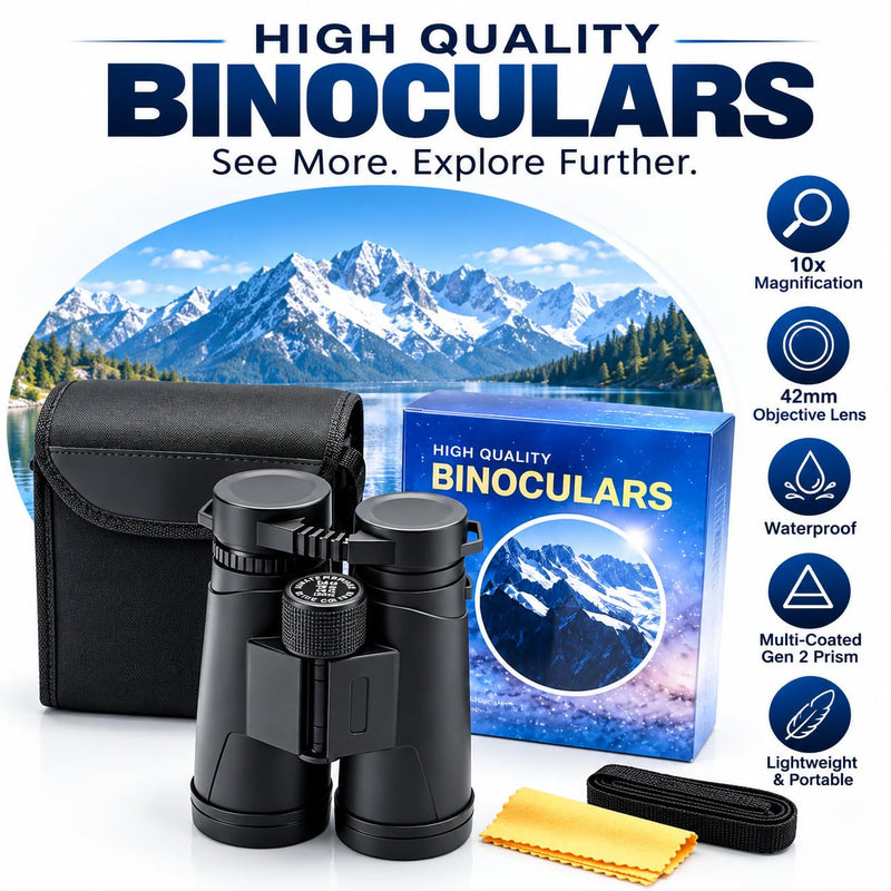 10x42 Binoculars for Adults and Teens 14+, HD, BAK4 Prism and FMC Lens, Easy Focus, Compact, for Bird Watching, Travel, Concerts, Sports, with Carrying Case