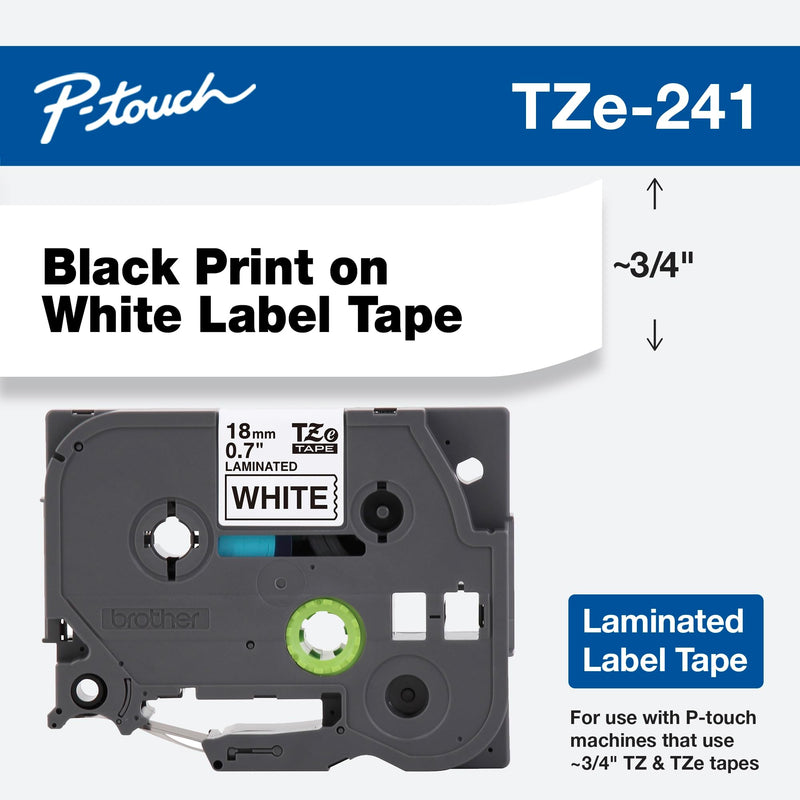 Brother Genuine P-Touch TZE-241 Tape, 3/4" (0.70") Standard Laminated P-Touch Tape, Black on White, Perfect for Indoor or Outdoor Use, Water Resistant, 26.2 Feet (8M), Single-Pack Regular