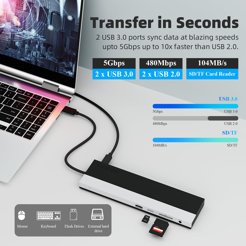 WAVLINK USB C Docking Station 3 Monitors for Windows with DP + 2X HDMI | USB-C Triple Display Laptop Dock with Dual 4K +1080P, PD 85W Charging, Gigabit Ethernet for Windows Laptop UMD03