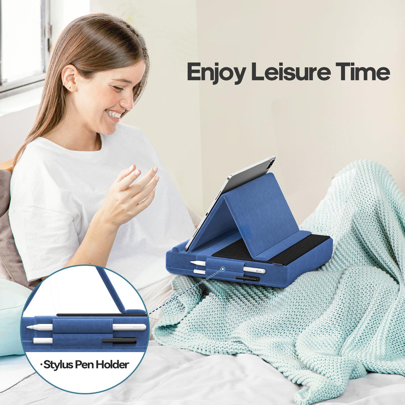 KDD Tablet Pillow Stand, Multi-Angle Viewing I-pad Holder for Lap, Bed and Desk, Foldable Soft Pad Dock with Stylus Mount Compatible with I-pad Pro 12.9, 10.5, 11, Air, Mini, Phones, Books, E-Reader Blue