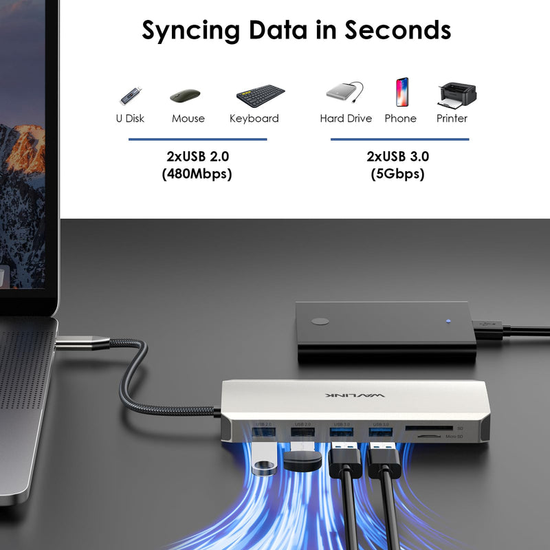 WAVLINK USB C Docking Station Dual Monitor, USB C Hub Laptop Triple Display, USB to 2 HDMI,DisplayPort, PD Charging,Ethernet,5 USB,SD/TF Card Reader,Audio for MacBook, Dell, HP, Lenovo, Surface Sliver