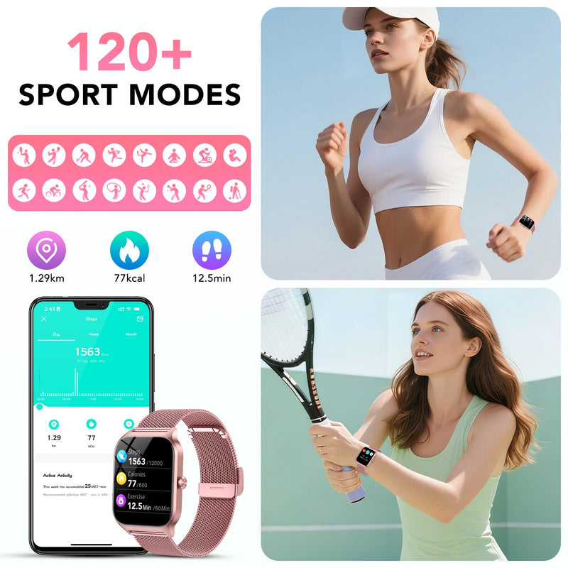 CASCHO Smart Watch for Women (2 Bands), Bluetooth Call Smartwatch with AI Voice,1.85" HD Fitness Watch,Heart Rate/SpO2/Steps/Sleep Monitor,120+ Sports Modes,IP68 Waterproof Watch for Android iOS-Rose Rose Gold
