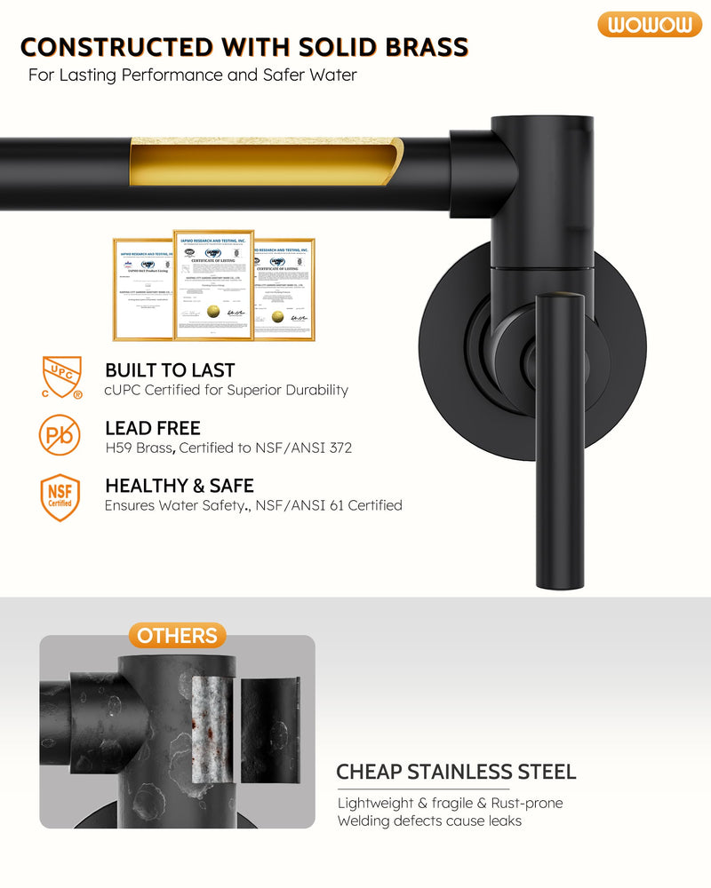 WOWOW Pot Filler Faucet Matte Black, Brass Pot Filler Wall Mount Kitchen Stove Faucet with Double Joint Swing Arms Solid Brass Material