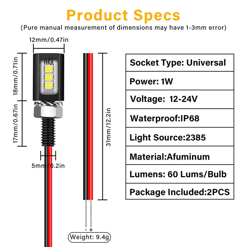 LED License Plate Light,License Tag Screw Bolt Lamp,12V White LED Bulb, Waterproof/Rainproof IP68 Aluminium Light Holder, Legal for Car Motorcycle Truck RV ATV Bike 2PCS (Black) Black