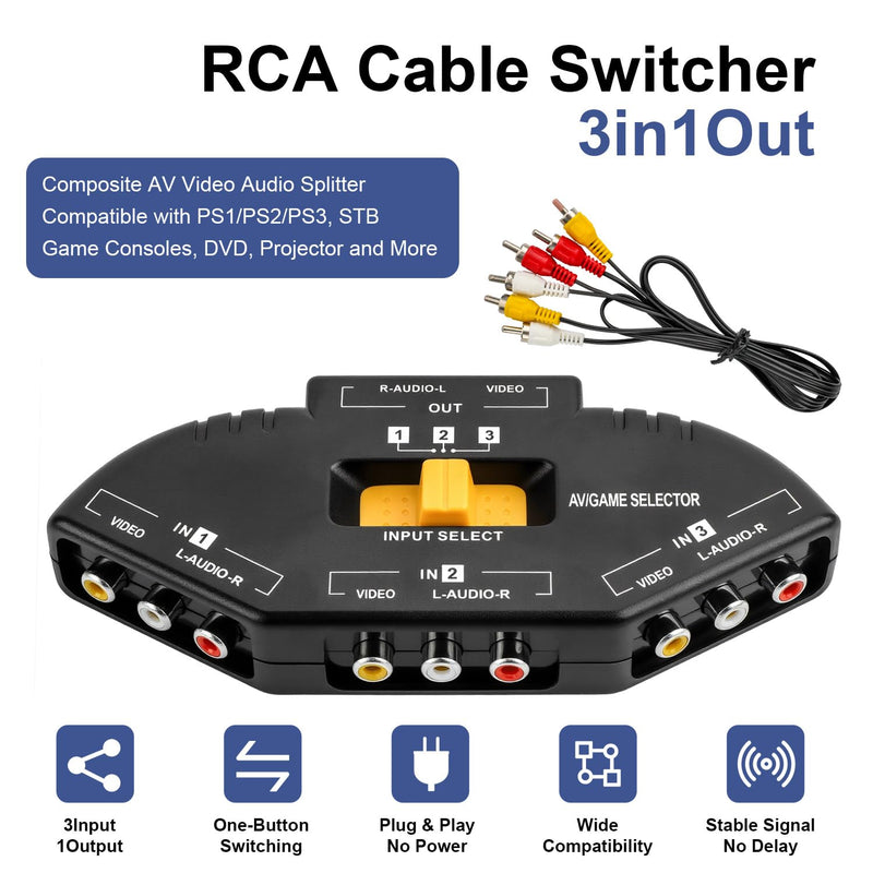 RCA Cable Switcher 3 in 1 Out -Composite AV Video Audio Splliter Compatible with PS1/PS2/PS3, STB Game Consoles, DVD, Projector and More