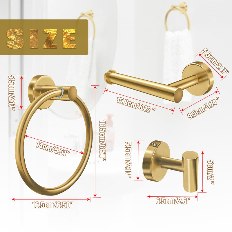 4Pcs Gold Bathroom Accessories Set, Brushed Gold Bathroom Hardware with Toilet Paper Holder,Towel Ring & Robe Hooks,Wall Mounted Stainless Steel Bathroom Hardware for Modern Home