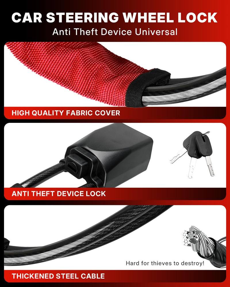 Car Steering Wheel Lock Seat Belt Lock Anti Theft Device Universal | 17" with 3 Keys for Auto Security Suitable for Most Vehicle,SUV,Golf Cart,Van,Truck Red