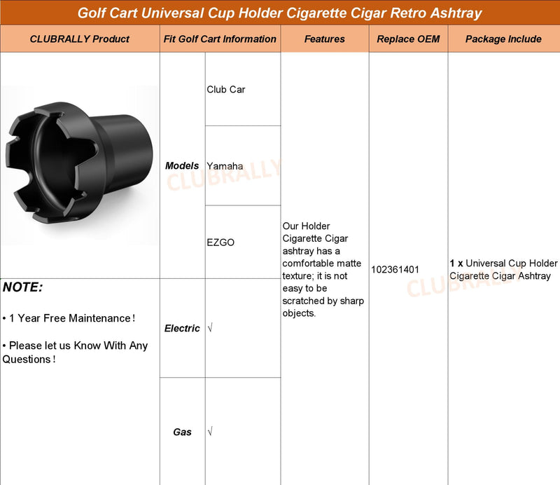 Universal Cup Holder Cigarette Cigar Retro Ashtray for Club Car Yamaha EZGO Golf Cart