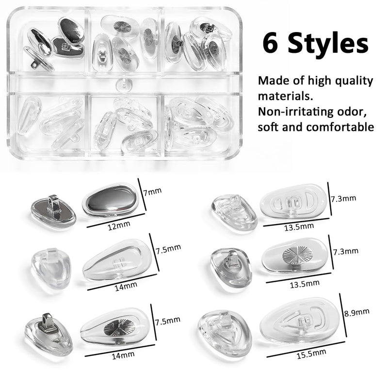 PTSLKHN Screw-in Eyeglass Nose Pads, Glasses Nose Pads Replacement Kit, 12 Pairs of Soft Silicone Nose Pads for Eye Glasses, Sunglasses and Presbyopes 12pairs-clear&silver