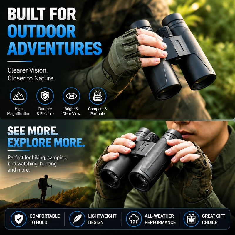 10x42 Binoculars for Adults and Teens 14+, HD, BAK4 Prism and FMC Lens, Easy Focus, Compact, for Bird Watching, Travel, Concerts, Sports, with Carrying Case