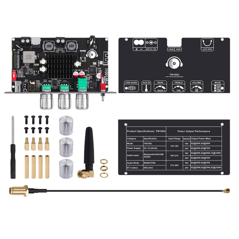 TW100U Mono Bluetooth Amplifier Boards, 2-PCS | 2 TPA3116D2 mono boards with TWS pairing, Bluetooth, AUX and USB inputs plus bass-treble controls, DC 12-24V.