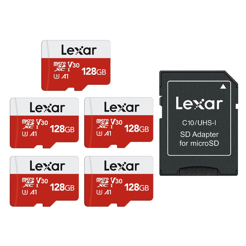 Lexar E-Series 128GB Micro SD Card 5 Pack, microSDXC UHS-I Flash Memory Card with Adapter, 100MB/s, C10, U3, A1, V30, Full HD, 4K UHD, High Speed TF Card 128GB x5