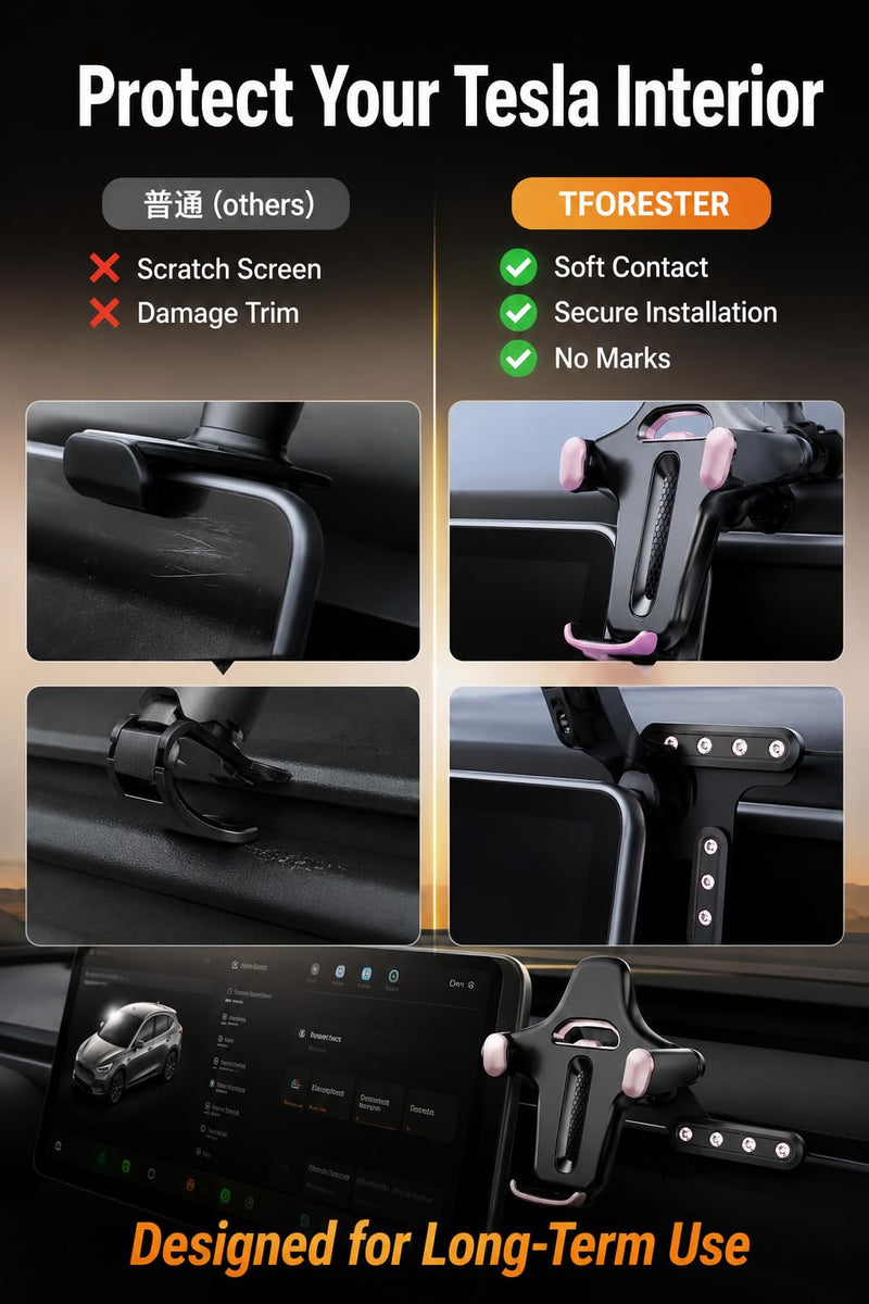 TFORESTER Tesla Phone Mount for Model Y/Model 3 / Model S/Model X/Cybertruck, Adjustable Car Phone Holder for Tesla Screen, Stable Cell Phone Mount with Clamp Design,-Purple 7.2 Purple
