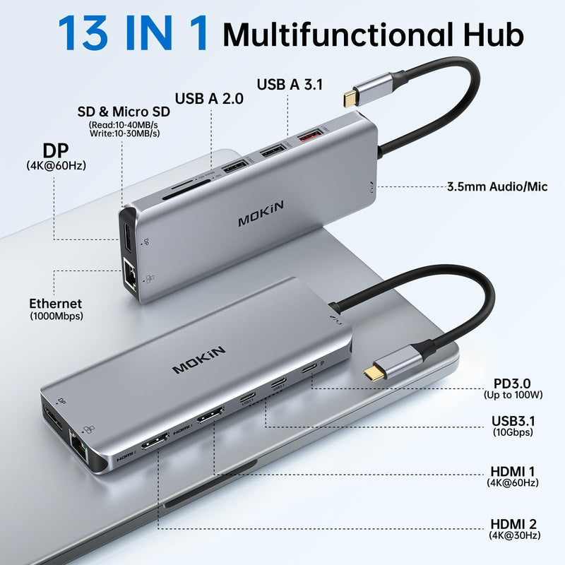 USB C Laptop Docking Station Dual Monitor Dual HDMI 4K DP Triple Display Hub, 13 in 1 MOKiN USB C Hub with 3 Monitors, DisplayPort, USB 3.1, RJ45, 100W PD, Card Reader, Audio/Mic, for Dell HP Lenovo Gray