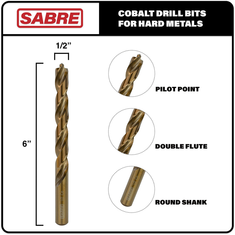 1/2 Inch Cobalt Drill Bits 5pcs Heavy-Duty Drill Bits for Steel, Hard Metal, Cast Iron (1/2" x 6") 1/2 in (5-Piece Set)