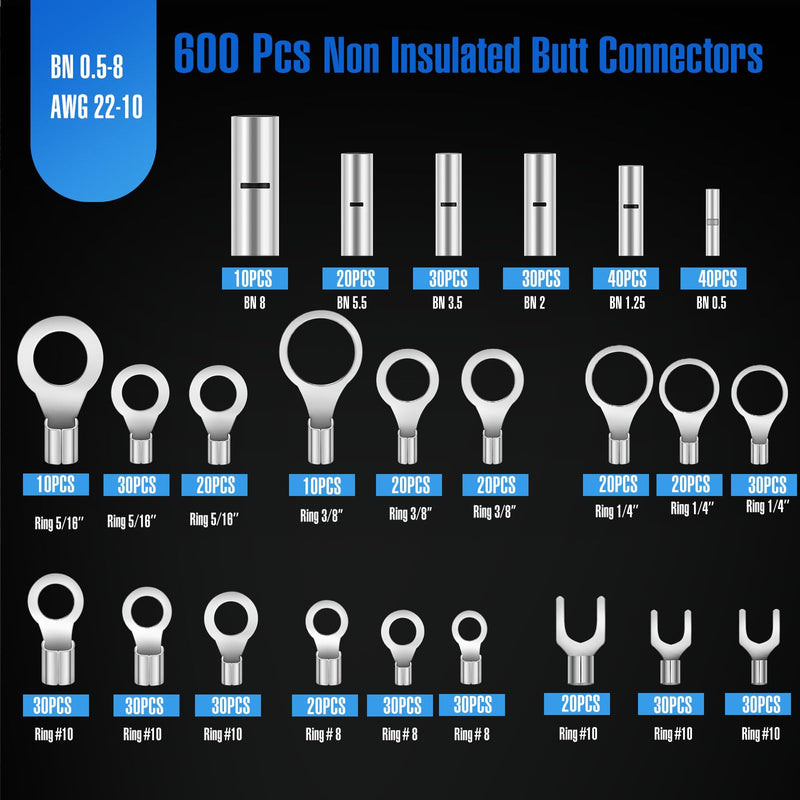Tellegloww 600pcs Non Insulated Ring Terminal Kit Butt Fork Connectors Kit, AWG 22-10 Copper Connector Seamless Uninsulated Butt Splice Wire Terminals Assortment Electrical Wire Crimp Connectors 600