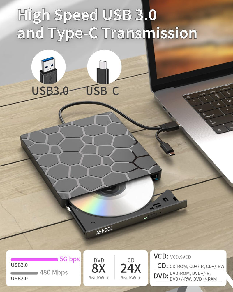 8 in 1 External CD DVD Drive, USB 3.0 and Type-C Disc Reader Burner Player | Optical Drive for PC Laptop Desktop MacBook Mac Windows Linux OS Apple