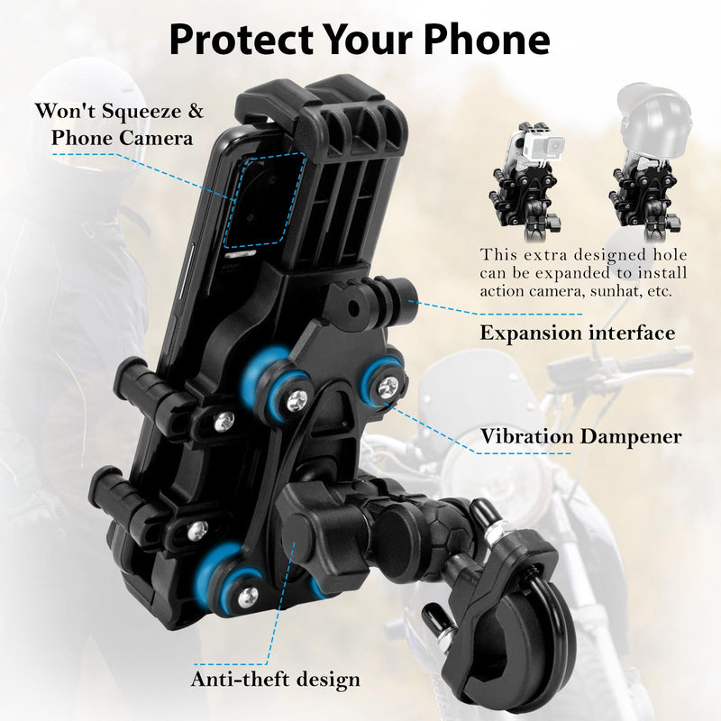 EMERK Motorcycle Phone Mount Holder - [Dual Vibration Dampener] [Anti-Shake Anti-Theft] Bike Phone Holder, Adjustable Handlebar Cellphone Cradle for Bicycle Road Scooter ATV Fit 4.7''-7.2'' Smartphone Heavy-duty Basic