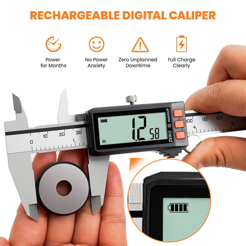 HARDELL Digital Caliper, Rechargeable Digital Caliper with Power Display, 6 inch Caliper Measuring Tool with Large LCD Screen, Digital Micrometer with MM/in/F Conversion for Jewelers/Woodworkers/DIY
