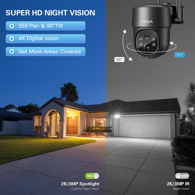 Xega 4G LTE Cellular Security Camera Solar with SIM Card【2 Pack】Wireless Outdoor No WiFi Camera,2K HD PTZ Night Vision Motion Detection 2 Way Talk TF&Cloud Storage, Only Support the Built-in SIM Card