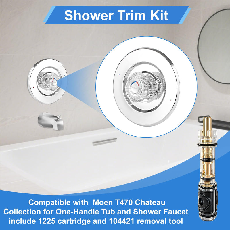 Shower Trim Kit, Compatible with Moen T470 Chateau Shower Trim Kit, With Replacement Cartridge and 104421 Removal Tool, Escutcheon, Shower handle, Tubes and Screws, Chorme Polished Chrome