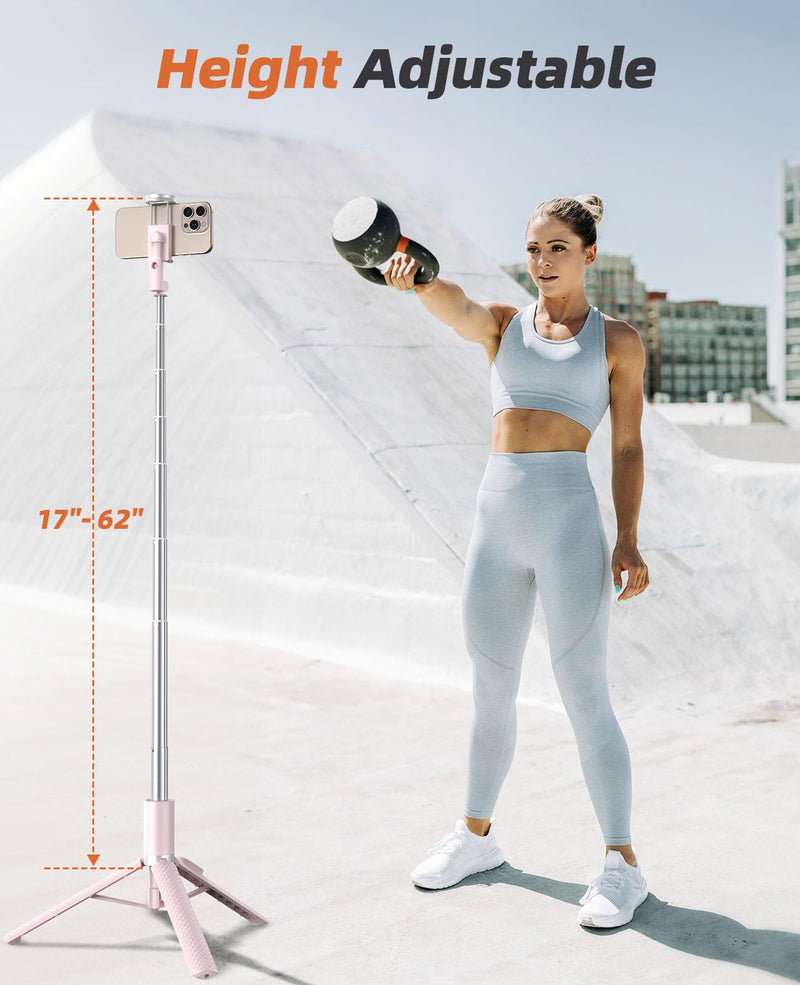 Tripod for iPhone, Selfie Stick with Remote, Stable & Durable Phone Tripod | Portable Travel Cell Phone Stand, Extendable All-in-1 Tripod for Video Recording Compatible with iPhone Android Pink 62 Inch