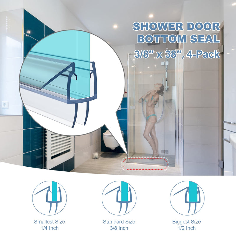 4 Pack Frameless Shower Door Bottom Seal, 3/8 x 39 Clear PVC Shower Seal Strip for 3/8 Inch Glass Shower Door Stop Shower Leaks 3/8” x 38”