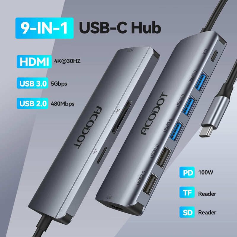 USB C Hub, Acodot 9 in 1 Type C Hub Adapter Portable Docking Station Aluminum Dongle Compatible with MacBook Pro/Thunderbolt 3 Laptops of Type C Devices, with 4K HDMI/ 5 USB Ports/ 100W PD/SD/TF 4K30HZ