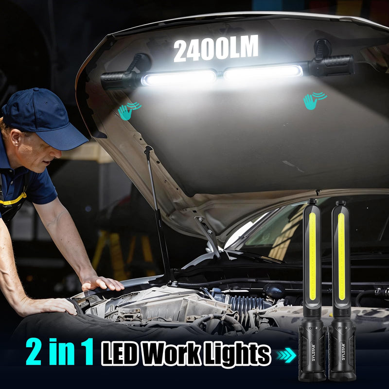 SYLSTAR Mechanic Work Light Bar with Upgraded Sensor Control - 2400LM LED, 4400mAh Rechargeable Underhood Work Light with Hooks & Magnetic Base for Car Repairing, Garage Workshop, Emergency(Black) Black
