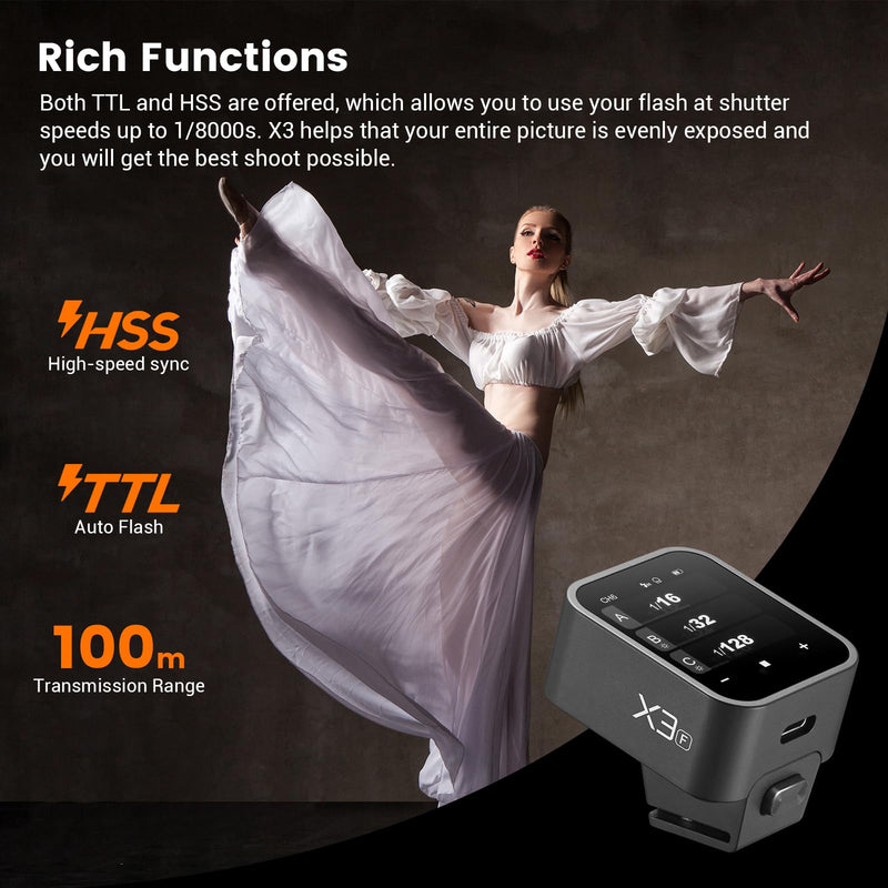 Godox X3F X3-F TTL Wireless Flash Trigger for Fujifilm Camera, 2.4G Wireless Touchscreen Flash Transmitter, Support TTL Auto/Manual/Multi Flash, Built-in Lithium Battery, High-Definit OLED Screen
