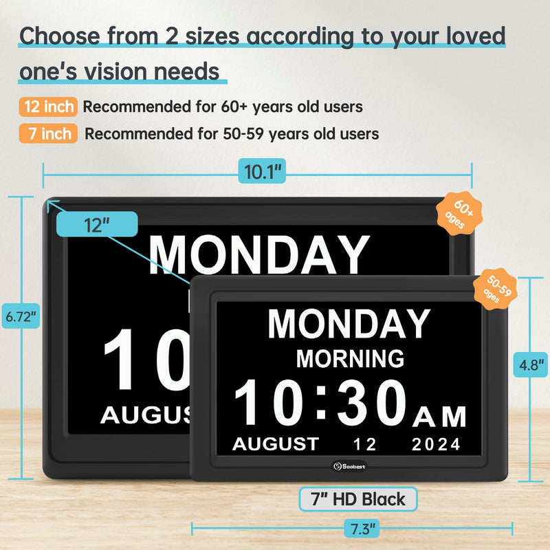 Soobest Dementia Digital Clock for Seniors Elderly, 20 Alarm Reminders 3 Ringtones for Memory Loss Alzheimers, Electric Time Date Day Large Display Calendar Clock, Auto DST, 1024 * 600P HD 7" Hd Black (Plug-in)