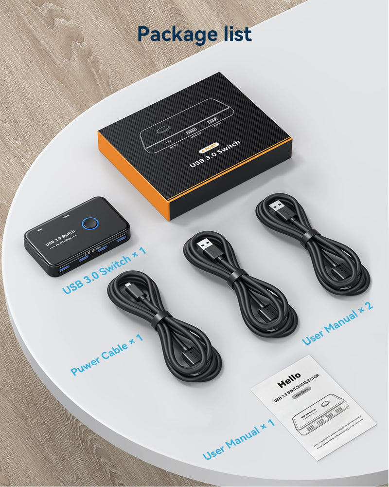 USB 3.0 Switch, ABLEWE KVM Switch Selector 2 Computers Sharing 4 Devices KVM Switcher for PC, Printer, Scanner, Mouse, Keyboard with 2 Pack USB Cable,1 Micro USB Power Cable Black