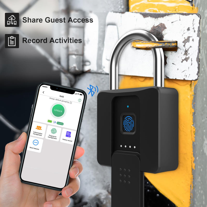 Fingerprint Padlock, Dhiedas Pad Lock with Fingerprint Bluetooth Key Waterproof Heavy Duty Combination Lock for Outdoor Fence Gate Shed Warehouse Gym Storage Yard 1.6 Inch Shackle