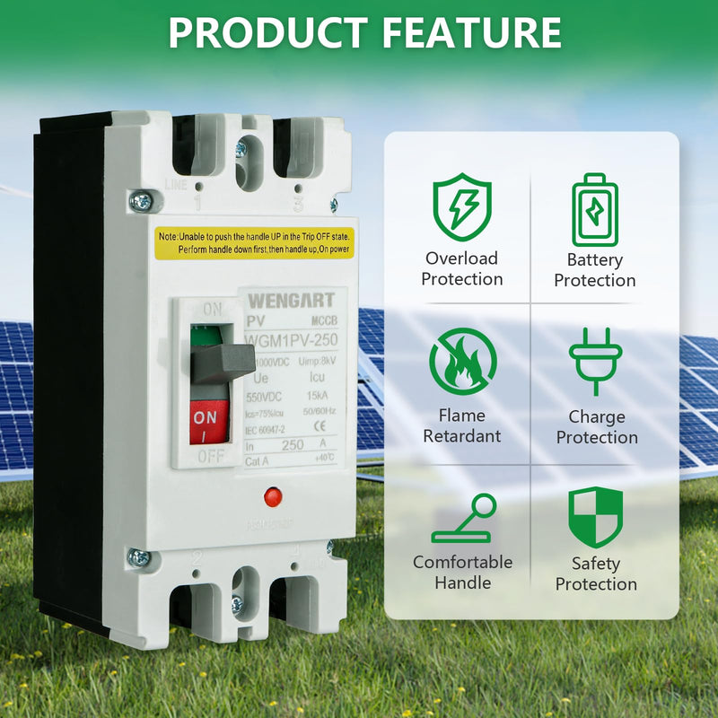 WENGART DC MCCB 500VDC WGM1PV-250,250Amp Solar PV Disconnect Switch,2P Heavy Duty Molded Case Breaker with Arc Chutes for Solar Energy Systems,ESS & Battery Protection 250A
