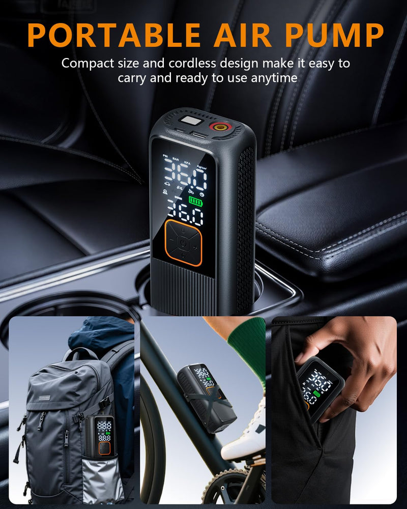 Tire Inflator Portable Air Compressor, 150 PSI Rechargeable Air Pump with Digital Pressure Gauge and LED Light, Smart Auto-Off Tire Pump for Car, Motorcycle, Bike, Ball