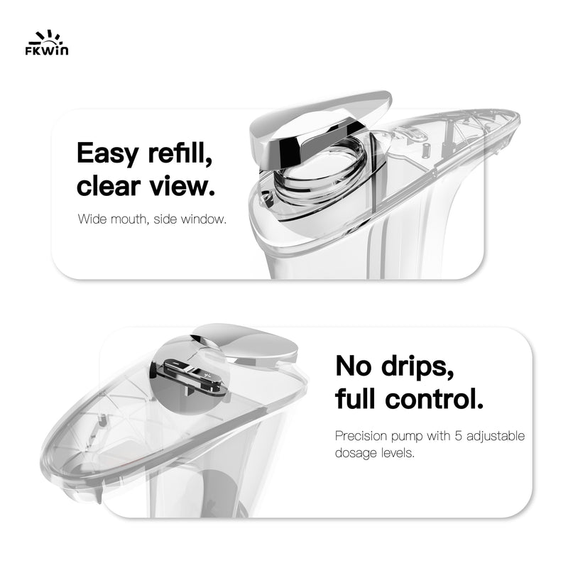 FKWin Automatic Soap Dispenser, Touchless Sensor Hand Soap Dispenser 17oz/500ml, 5 Adjustable Dispensing, Wide Opening Refillable Reservoir, Battery Powered for Bathroom & Kitchen – Silver Transparent