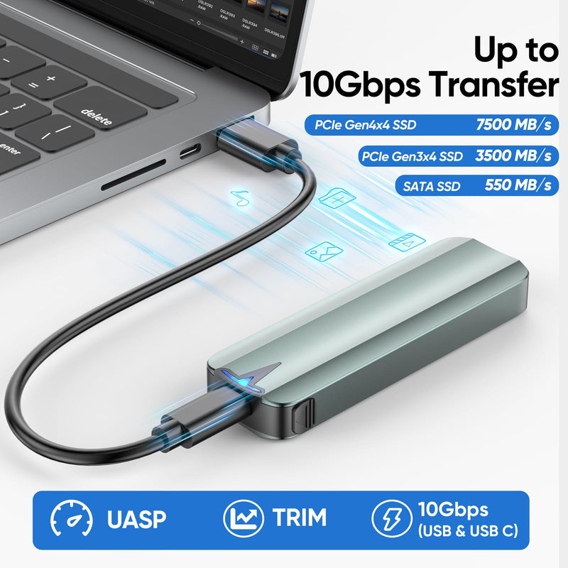 SSD Enclosure M.2 NVMe SATA, PCIe Gen 4x4 10Gbps External Aluminum Case Adapter Tool-Free for M & M+B Key 2230/2242/2260/2280 SSDs 10Gbps NVMe Enclosure