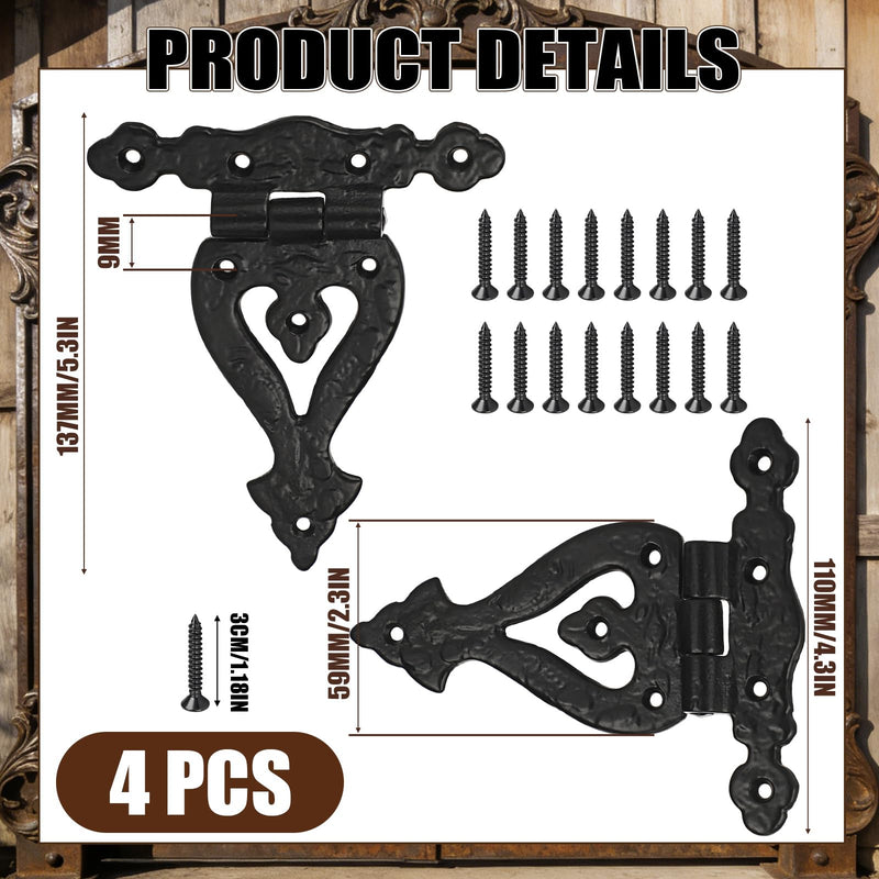 4 Pack Antique Cast Iron Vintage Heavy Duty T Hinges 5.3'' Black Powder Coated Wrought Iron Flush Mount Hinge with Hardware for Barn Door Cabinet Wardrobe Shed Window Wooden Box Chest 4