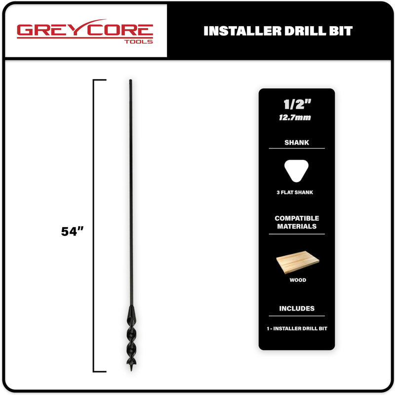 Greycore Tools 1/2 Inch x 54 Inch Flexible Drill Bit for Wire Pulling and Fishing, Auger Head Installer Drill Bit, Fish Bit for Pulling Wires in Walls (1/2" x 54" Installer) 1/2" x 54" 54" Length