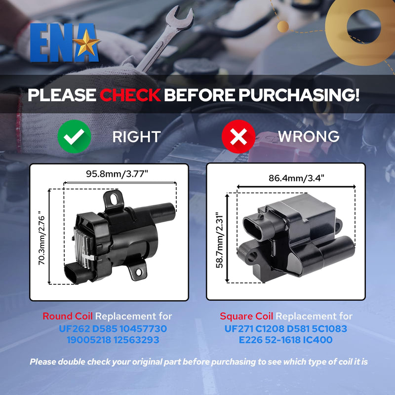 ENA 1 Round Ignition Coil Pack V8 5.3 6.0 Compatible with GMC Chevy Silverado 1500 2500 Tahoe Suburban Express Sierra Yukon Savana Escalade 2000 2001 2002 2003 2004 2005 2006 Replaces# UF262 D585