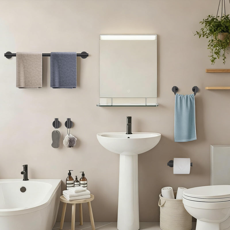 Matte Black Towel Bar Set, 5-Piece Bathroom Hardware Set with Smiley Face Towel Rings, Stainless Steel Wall-Mounted Towel Rack Set 23.6 Inch