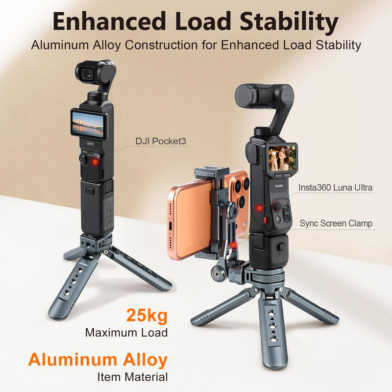 Mini Metal Tripod, Compact Camera Grip, Compatible with DJI Osmo Pocket 3/Pocket 4 and Insta360 Luna Ultra Cameras, for Desktop Setup and Handheld Recording, Load Capacity: 25 kg / 55 lbs
